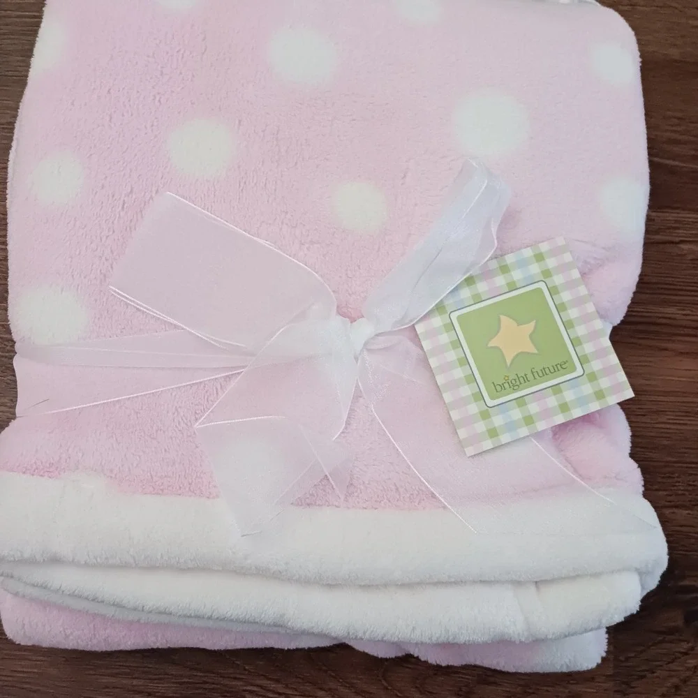 New Bright Future Pink White Polka Dots Baby Blanket Plush Style 18023